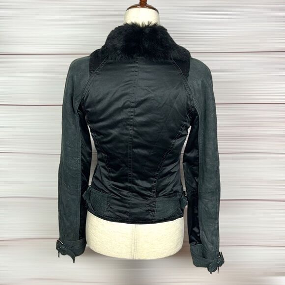 Armani Exchange Charcoal Leather Suede Moto Bomber Jacket Fur Collar Satin Back - Picture 6 of 15